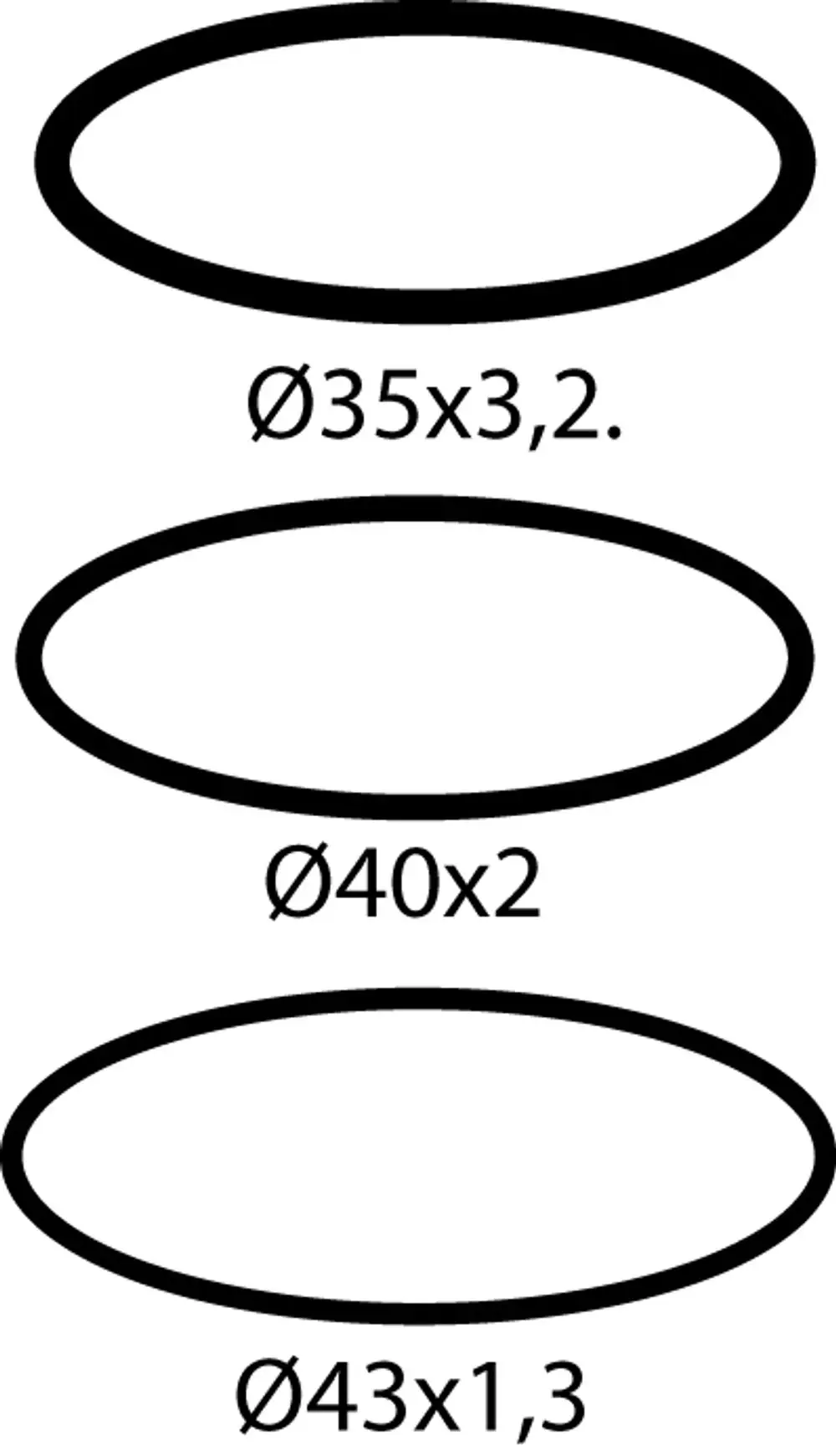 O-Ringe in verschiedenen Größen, dargestellt als ellipsenförmige Zeichnungen. Ideal Standard Produkt mit spezifischen Durchmessern und Stärken.